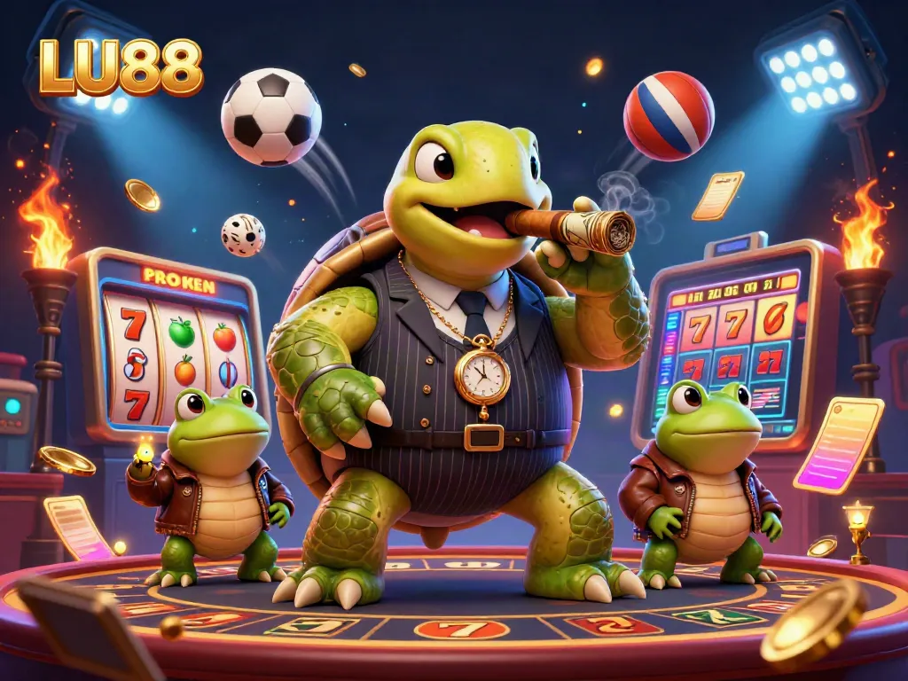 LU88 casino characters are showcased with dynamic game elements, surrounded by animated coins and lights.