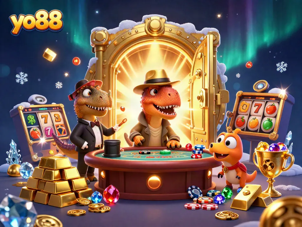 Experience winning excitement at yo88 with cartoon dinosaurs playing casino games and treasure elements.