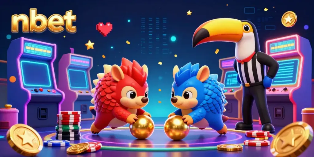 Experience nbet excitement as cartoon pangolins bowl through poker chips in a vibrant casino scene.