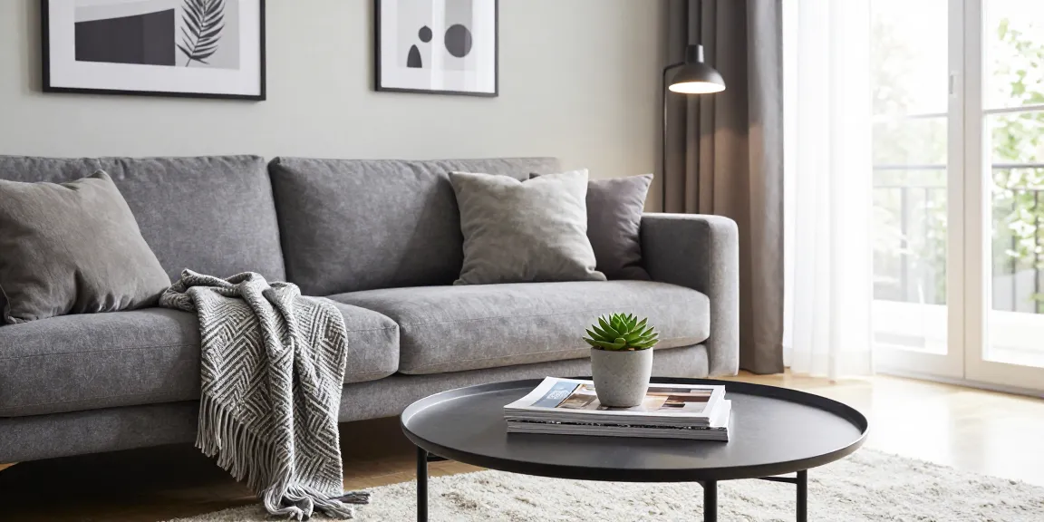 Entdecken Sie ein gemütliches skandinavisches Wohnzimmer mit stilvollem grauem Sofa, einladende Atmosphäre für Möbel direkt bestellen.