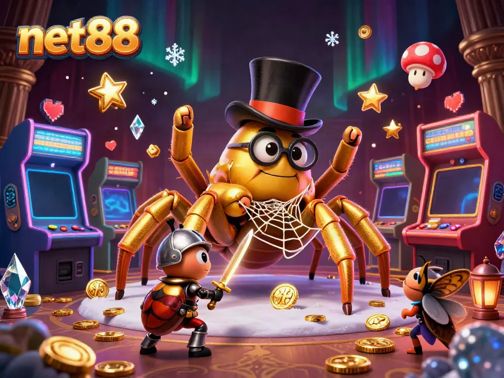Engage in thrilling gaming experiences at net88, featuring a golden tarantula weaving golden webs amidst vibrant casino elements.