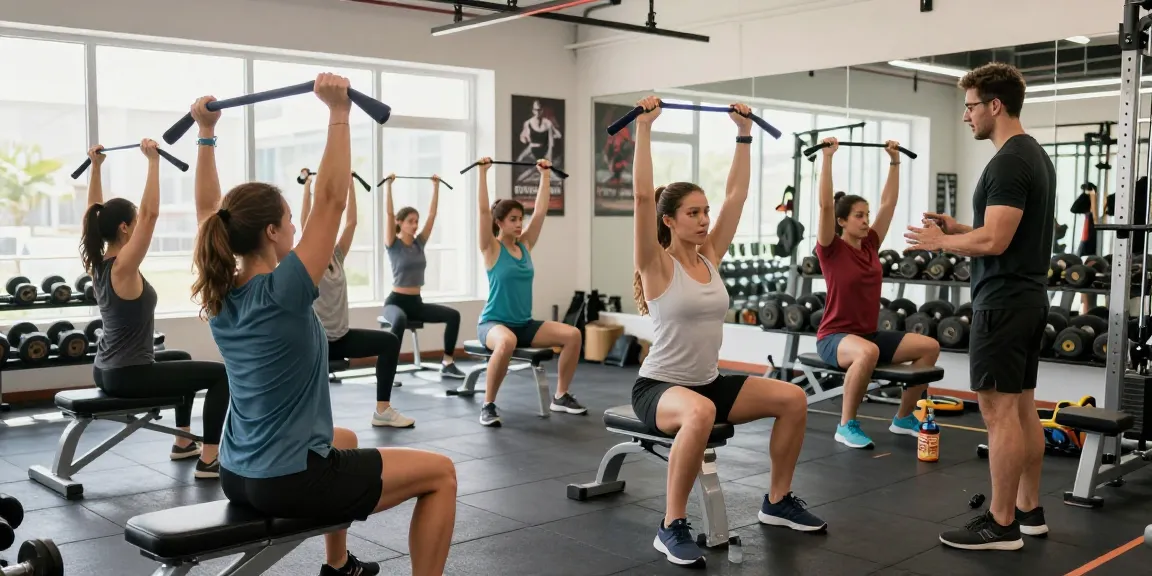 Steroide kaufen im Steroidshop: Fitnessgruppe bei Krafttraining im modernen Fitnessstudio.