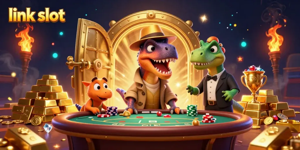 Experience thrilling gameplay at link slot with a velociraptor card counter, stegosaurus pit boss, and a sneaky compy in a vibrant casino scene.