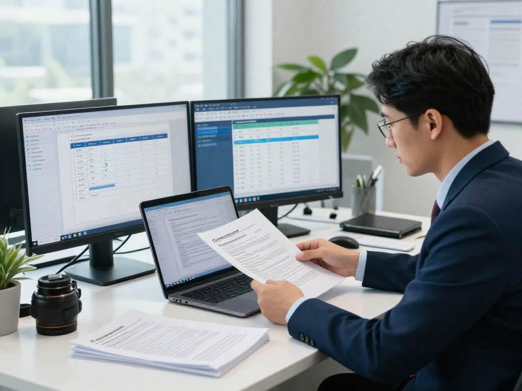 Focused analysis of document fraud detection using advanced software and multiple screens in a modern office.