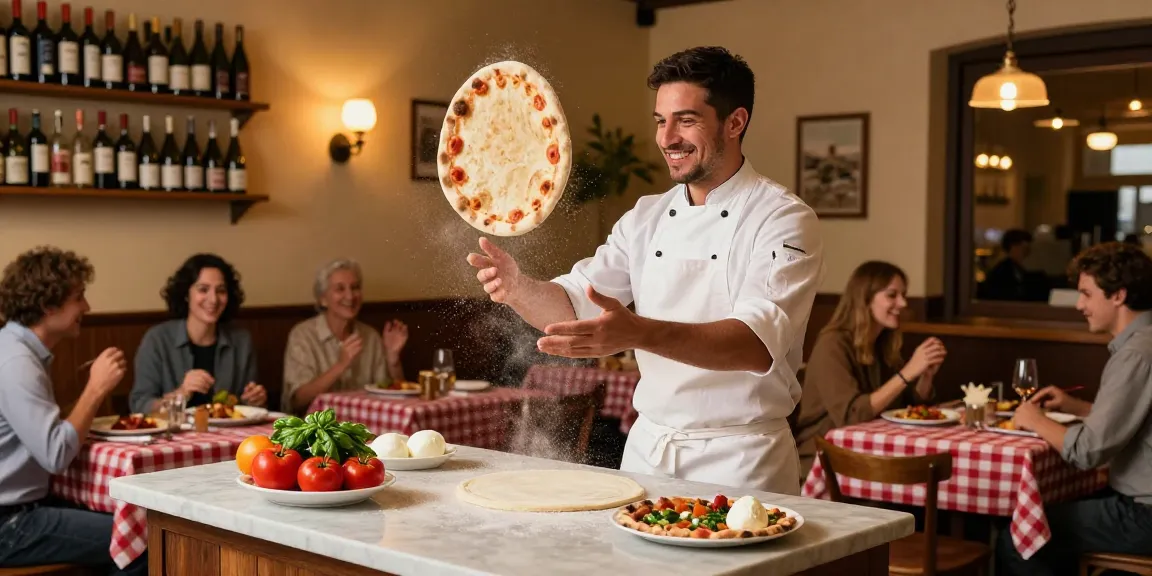 Delightful Italian restaurant scene showcasing chef making pizza dough while surrounded by fresh ingredients and warm ambiance, featuring pg soft