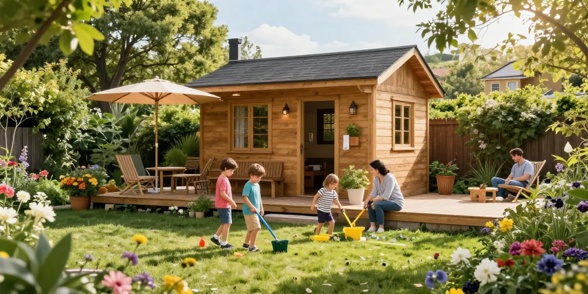 Gartenhaus kaufen für ein einladendes Zuhause im Garten, umgeben von bunten Blumen und einer glücklichen Familie.