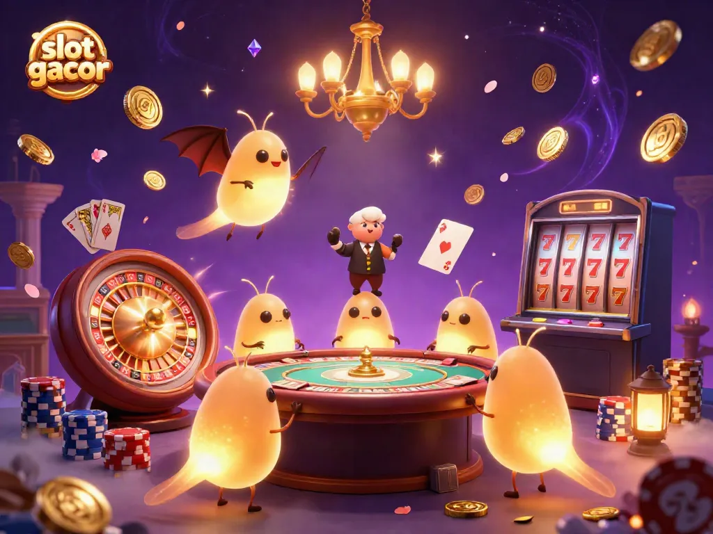 Experience the excitement of slot gacor with this vibrant casino scene illuminated by glowworms and a bat dealer.