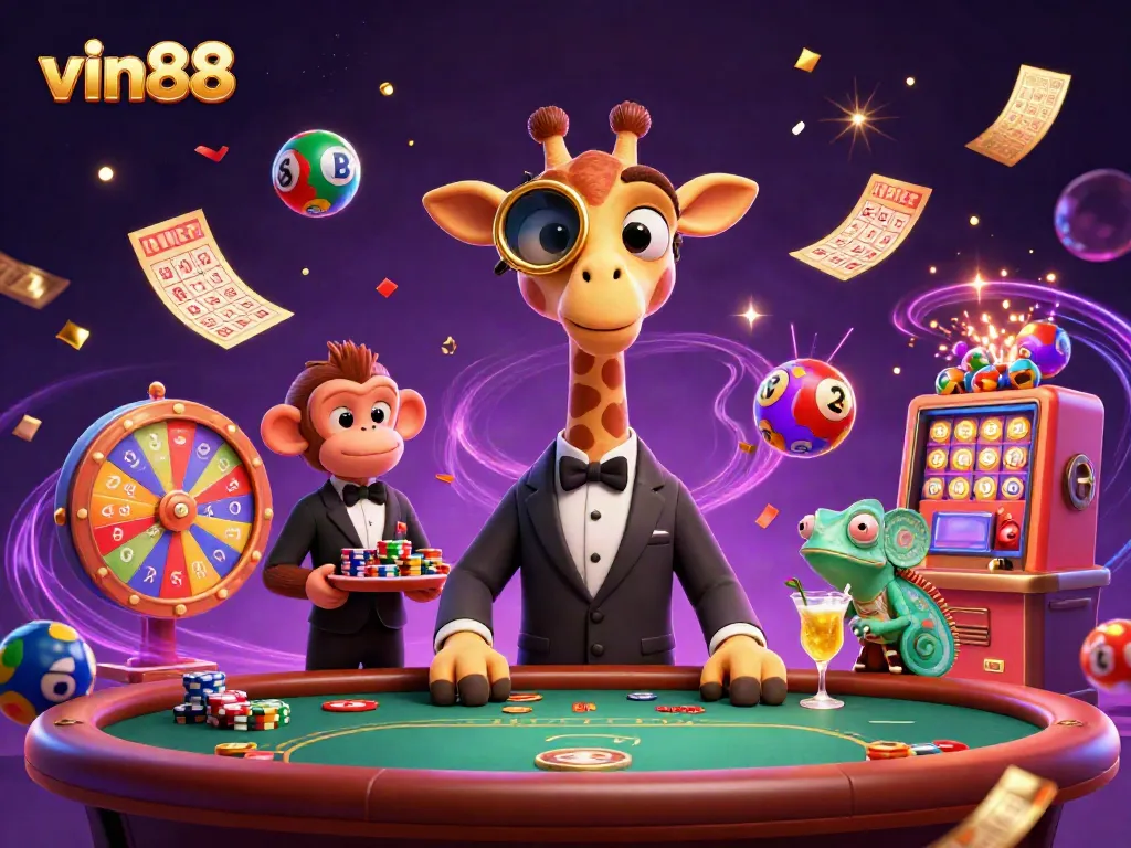 Experience the excitement at vin88 with a high-roller giraffe and vibrant casino elements