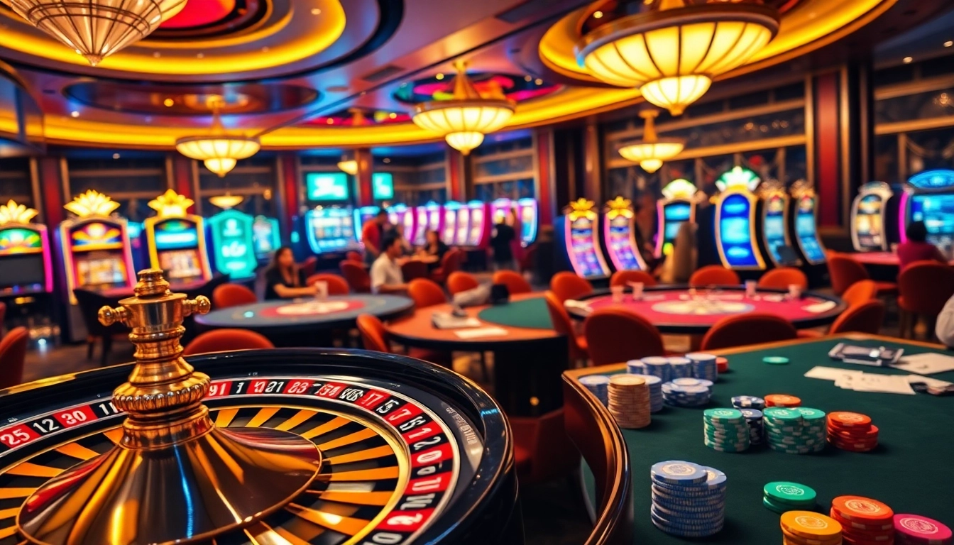 Engage at the home Jl55 casino with vibrant slot machines, poker chips, and players at Rouette tables.