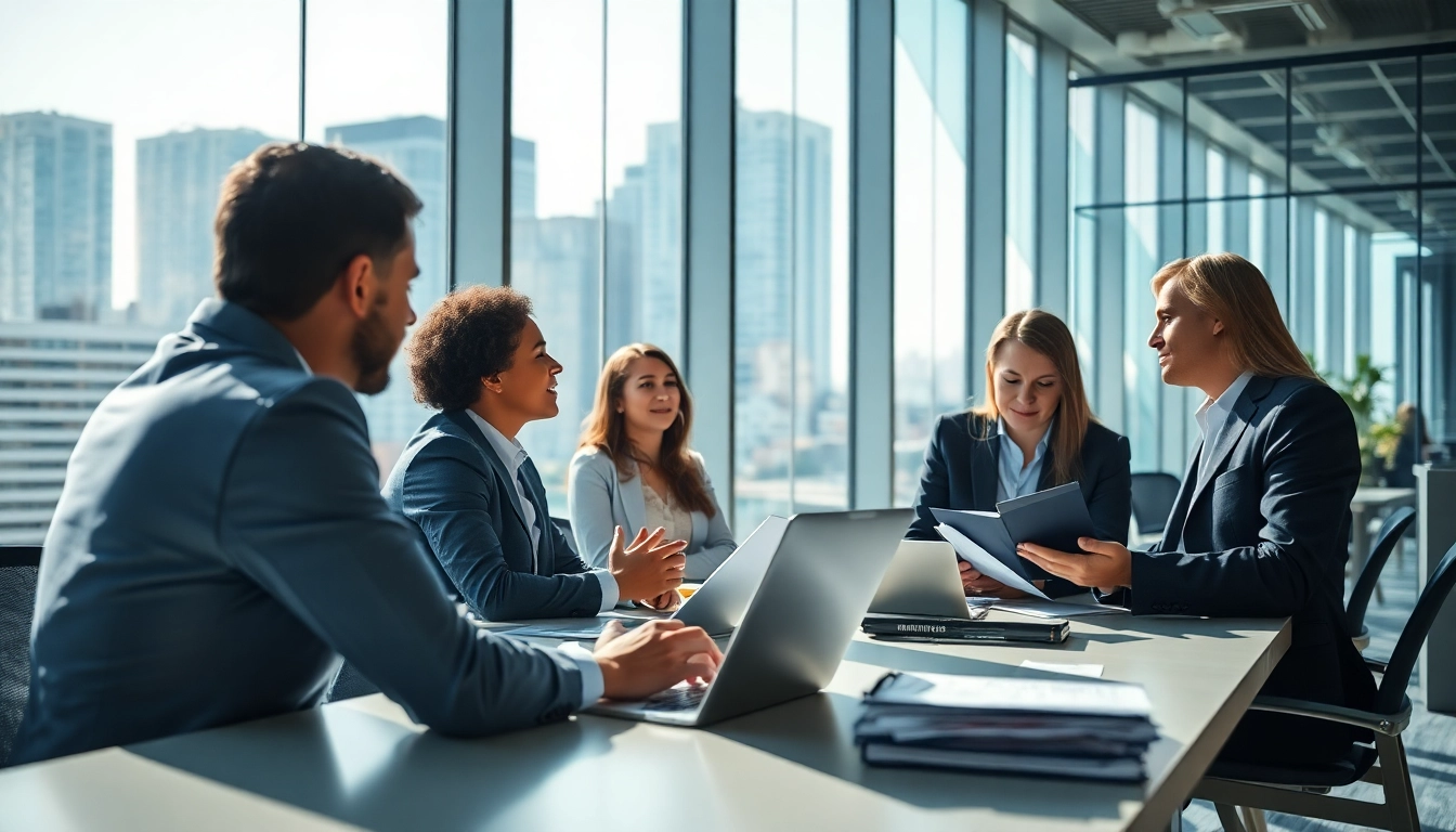 Headhunter Schweiz in a modern office, engaging with diverse candidates during an interview.