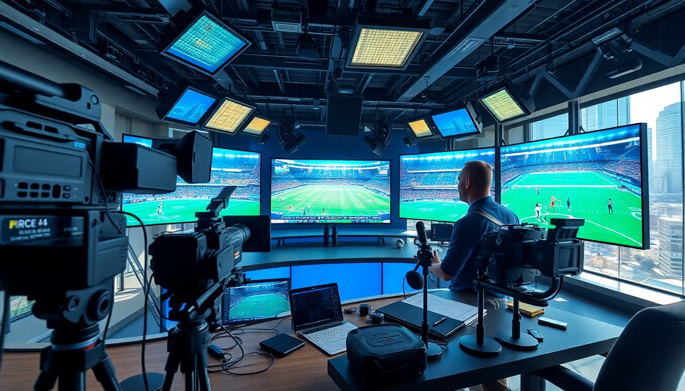 Engaging scene of sports broadcasting with host and modern equipment showcasing live sports.