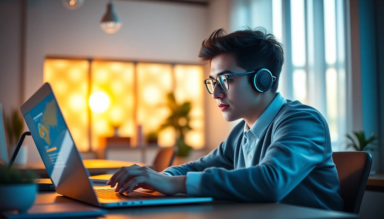 Young adult using AI technology in a modern workspace for ai 18+ insights.