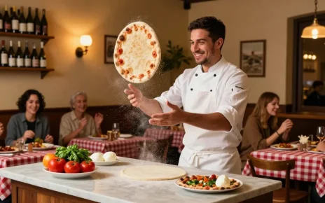 Delightful Italian restaurant scene showcasing chef making pizza dough while surrounded by fresh ingredients and warm ambiance, featuring pg soft